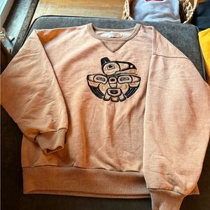 Vintage Men's Tan Stonewash Crewneck Sweater with Tribal Design